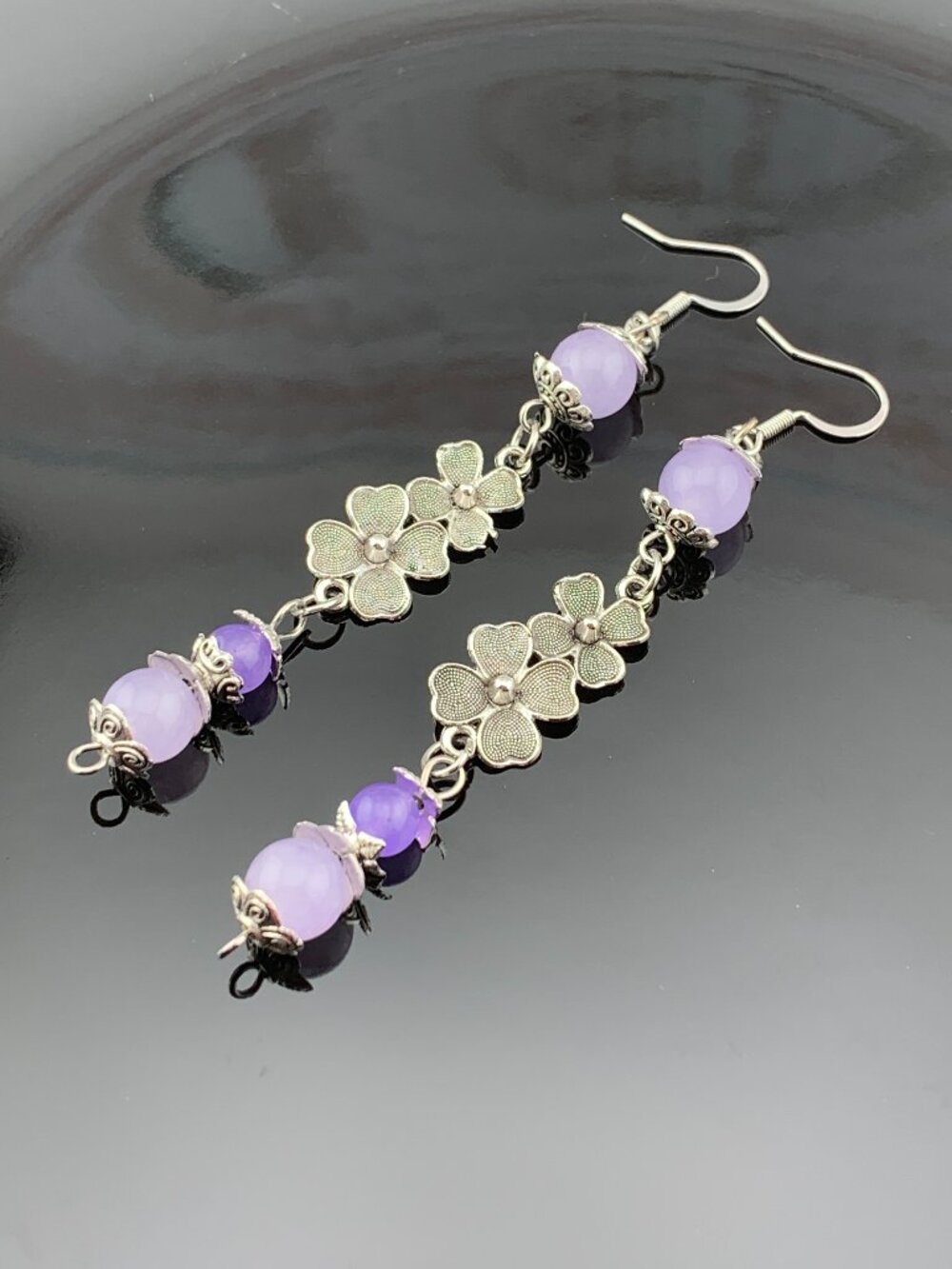 Lavender Jade Silver tone Flowers Handmade Handcrafted Long Earrings LR181